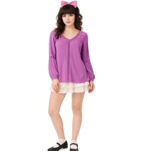 Gnw‎ Purple Lace Detail 34 Sleeves VNeck Relaxed Peasant Blouse Small